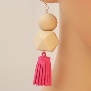 Boho Leather Tassel Drop Earrings Wood Detail Pink